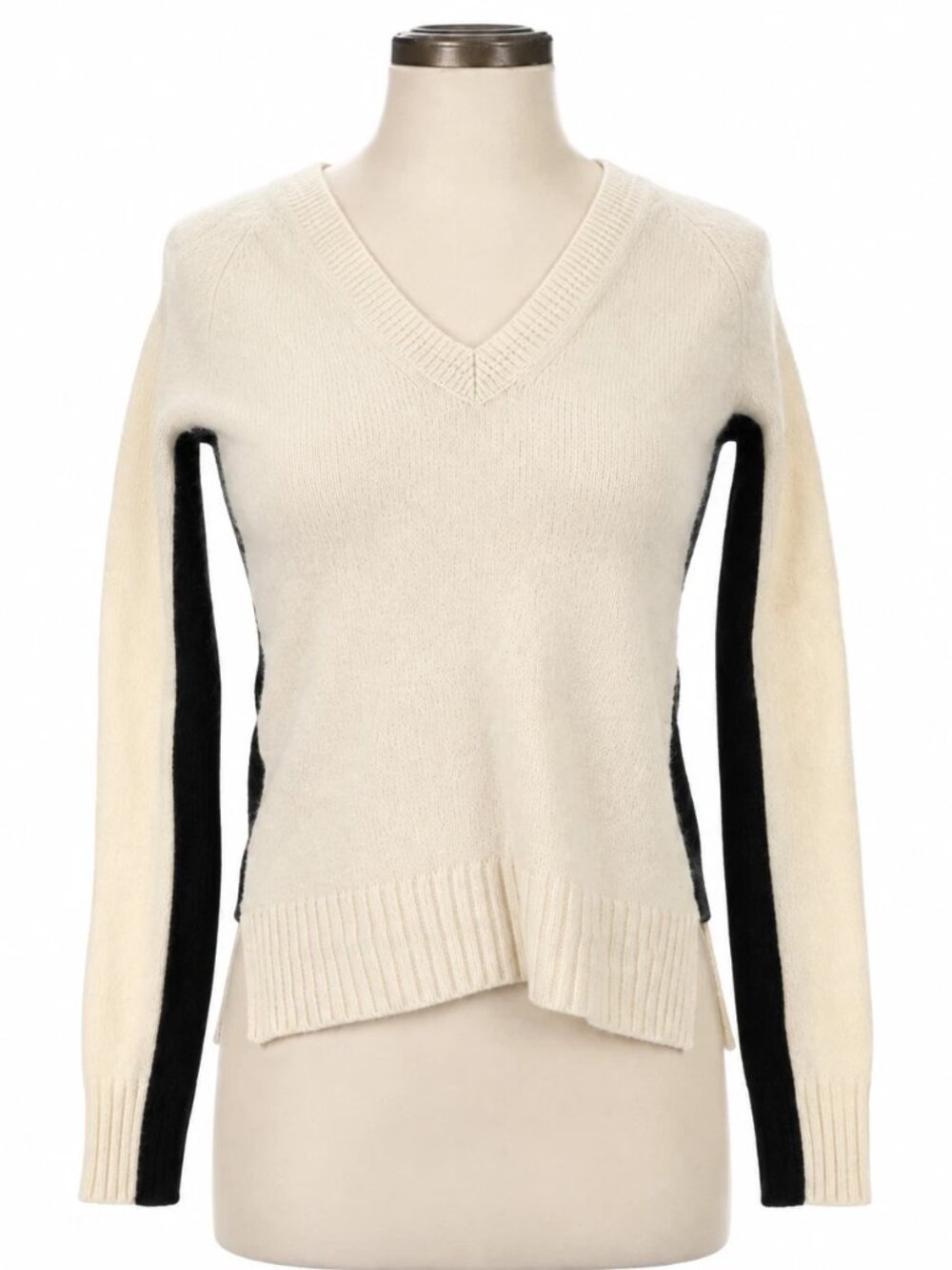 Madewell Women XS 100% Wool Sweater Ivory Black Colorblock V Neck Pullover